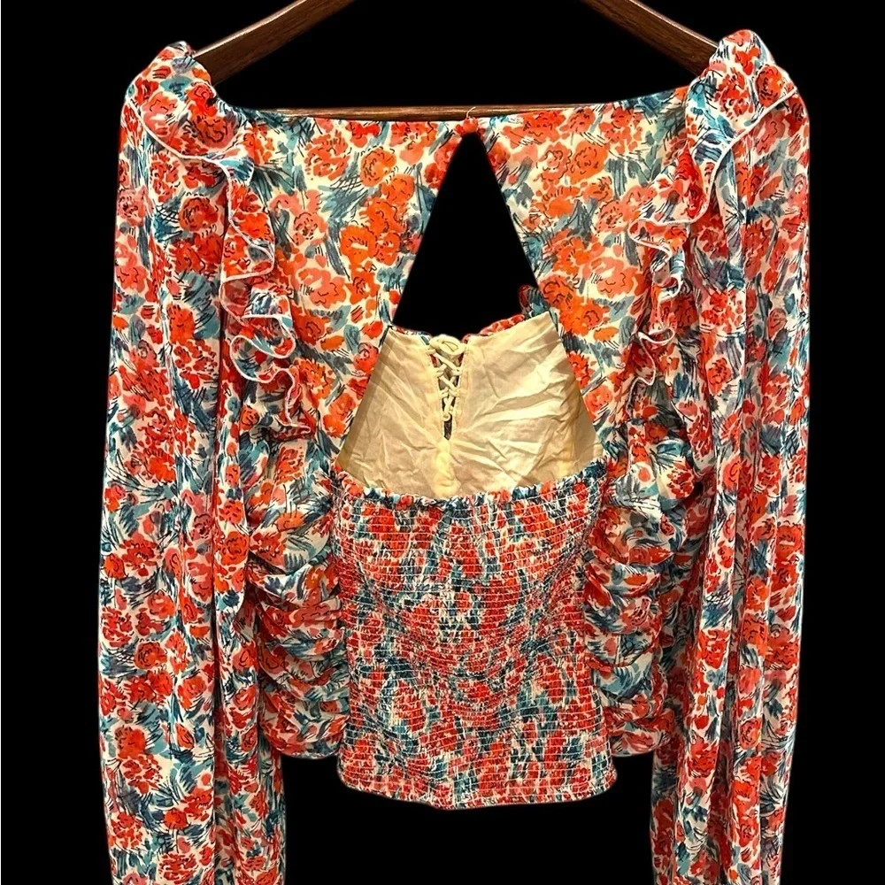 Free‎ People Mabel Printed Rose Combo Open Back Lace Up Blouse Sz L